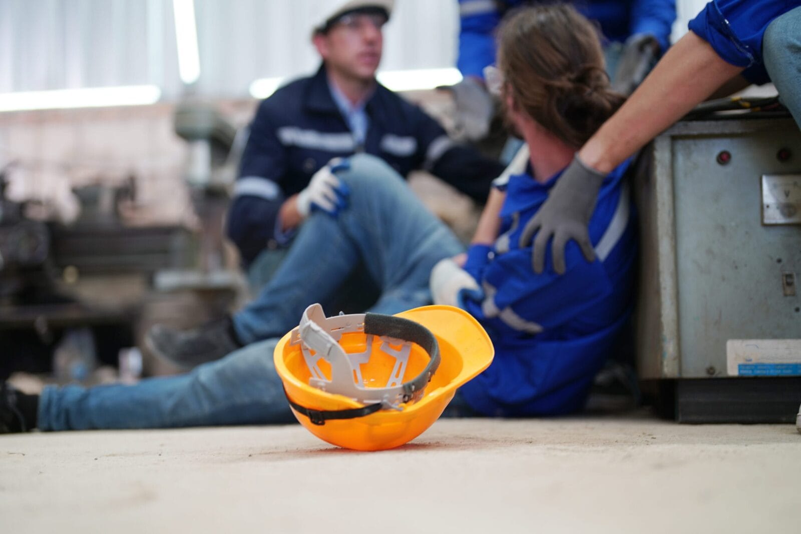 An injured worker receiving assistance from coworkers after an accident in a factory, with a safety helmet lying on the ground.