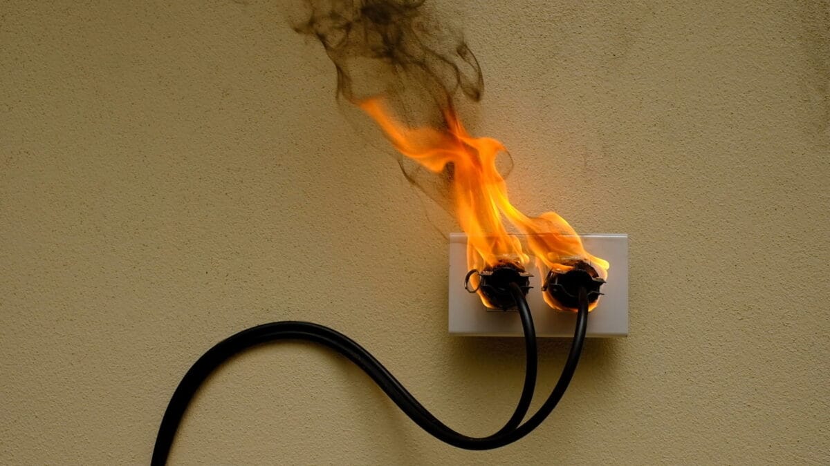 Two black electrical plugs in a wall outlet catching fire, with flames and smoke.