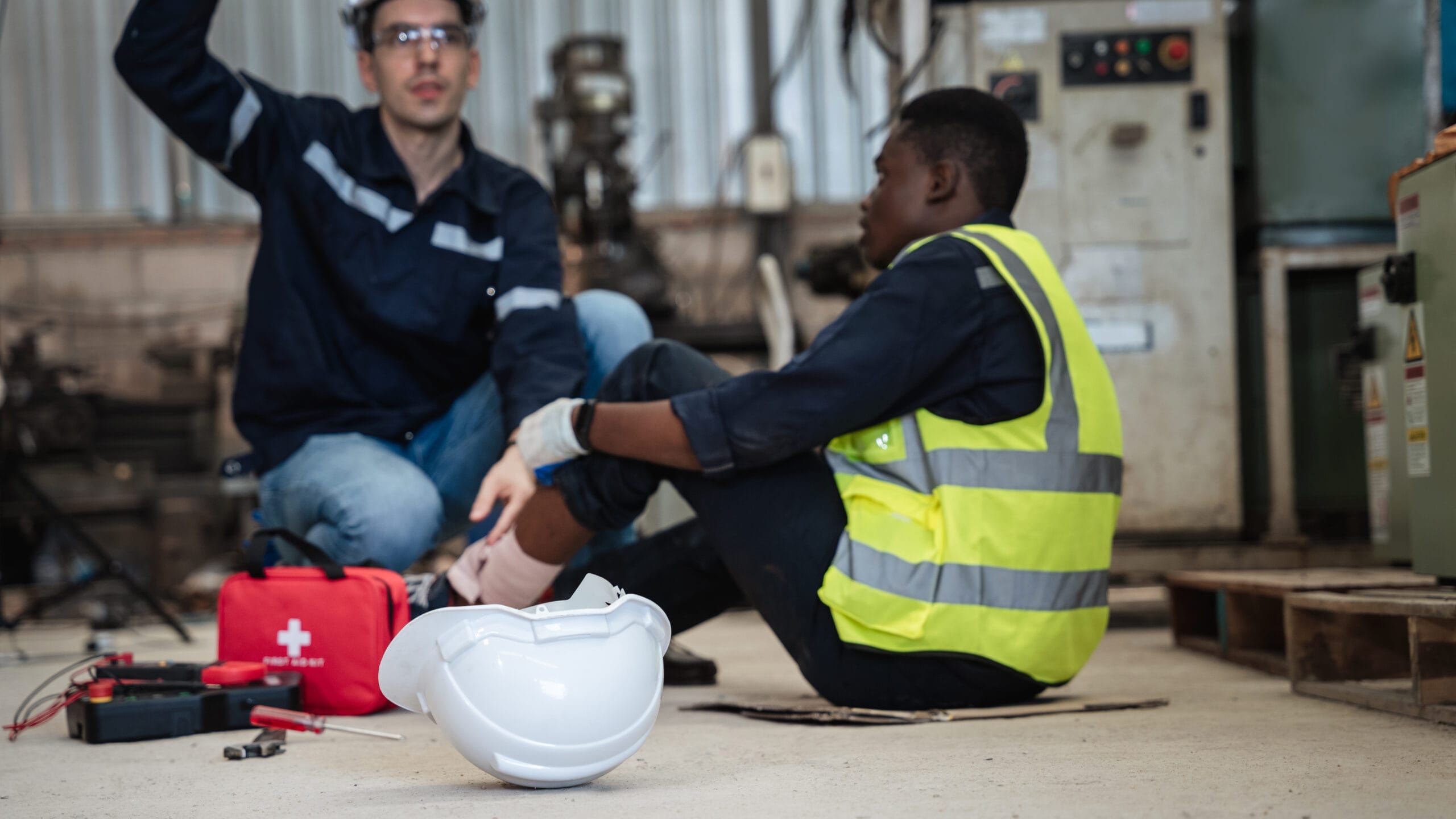 A worker wearing a safety vest sits on the ground with an injured leg while a coworker signals for help beside a first aid kit and fallen hard hat in an industrial setting.